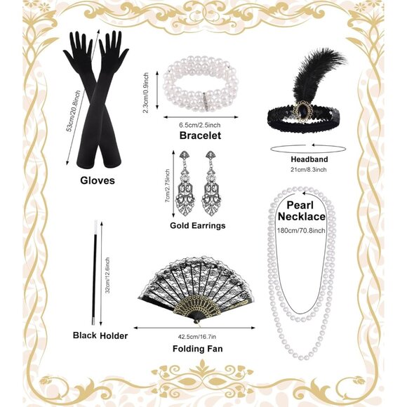 1920s Flapper Accessories Set Feather Headband Long Gloves Earrings Necklace - Picture 2 of 6